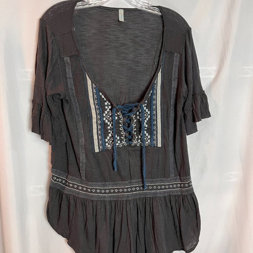 Women's Grey Free People short slv bohemian tie front shirt size M